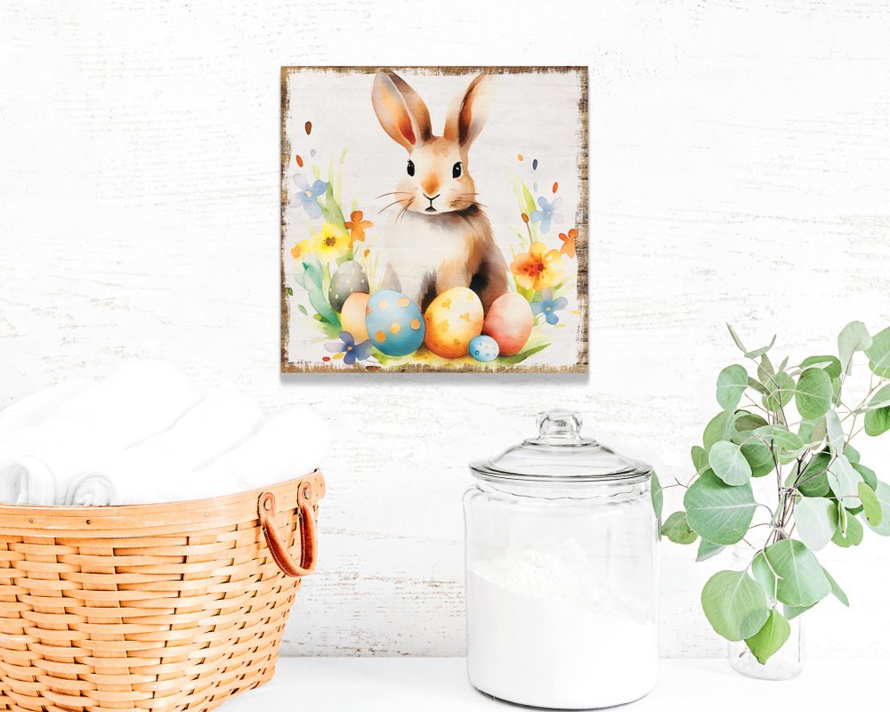 12" X 12" White Yellow And Pink Rabbit Easter Floral Canvas Square Hanging Wall Decor