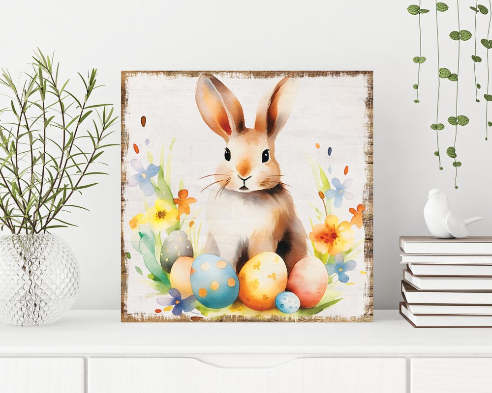 12" X 12" White Yellow And Pink Rabbit Easter Floral Canvas Square Hanging Wall Decor