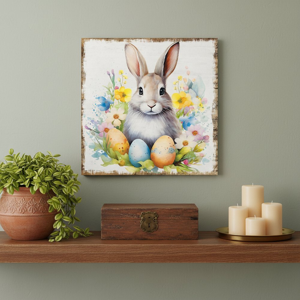 12" X 12" White Yellow And Pink Rabbit Easter Floral Canvas Square Hanging Wall Decor
