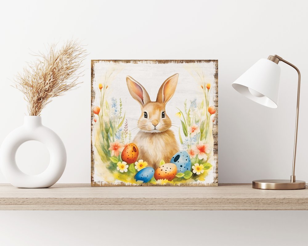 12" X 12" White Yellow And Pink Rabbit Easter Floral Canvas Square Hanging Wall Decor