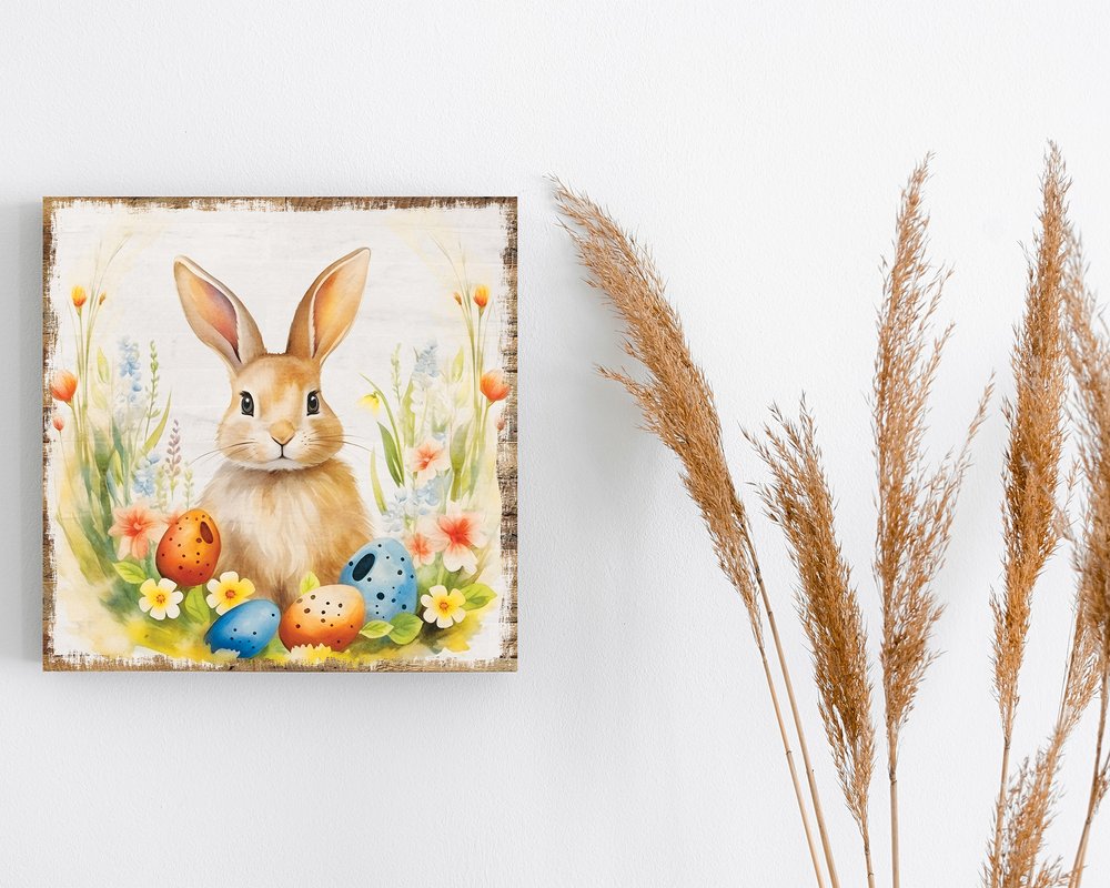 12" X 12" White Yellow And Pink Rabbit Easter Floral Canvas Square Hanging Wall Decor