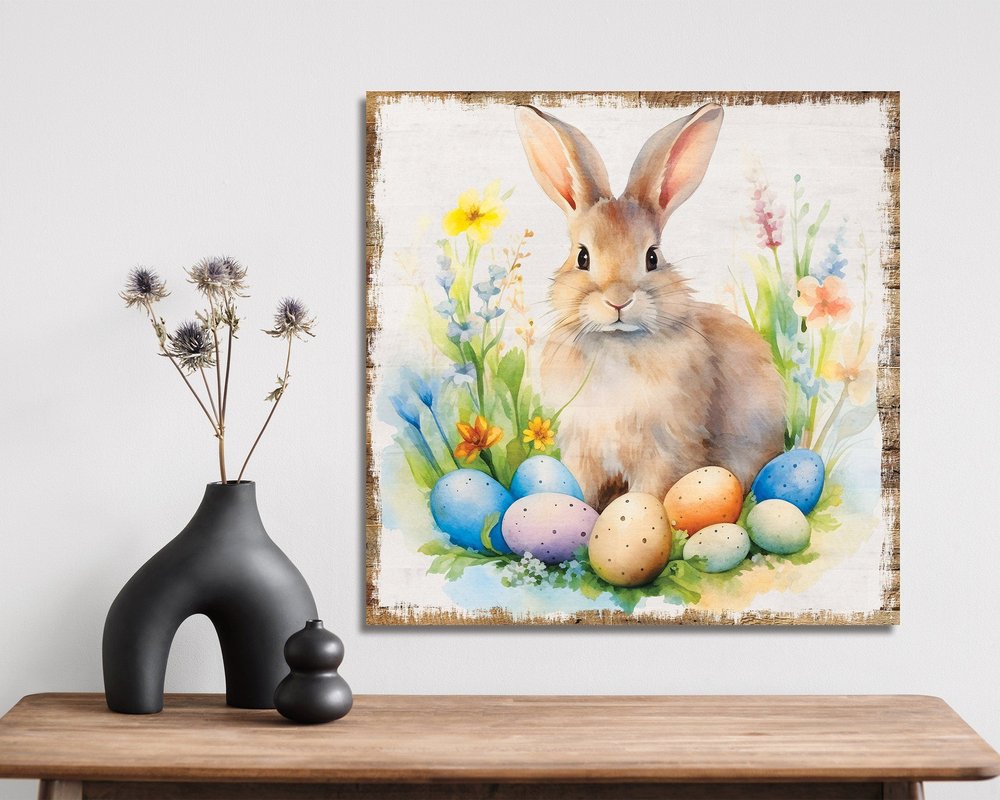 12" X 12" White Yellow And Pink Rabbit Easter Floral Canvas Square Hanging Wall Decor