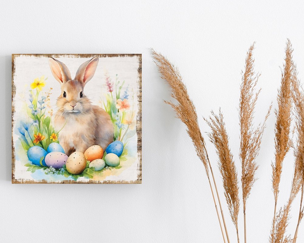 12" X 12" White Yellow And Pink Rabbit Easter Floral Canvas Square Hanging Wall Decor