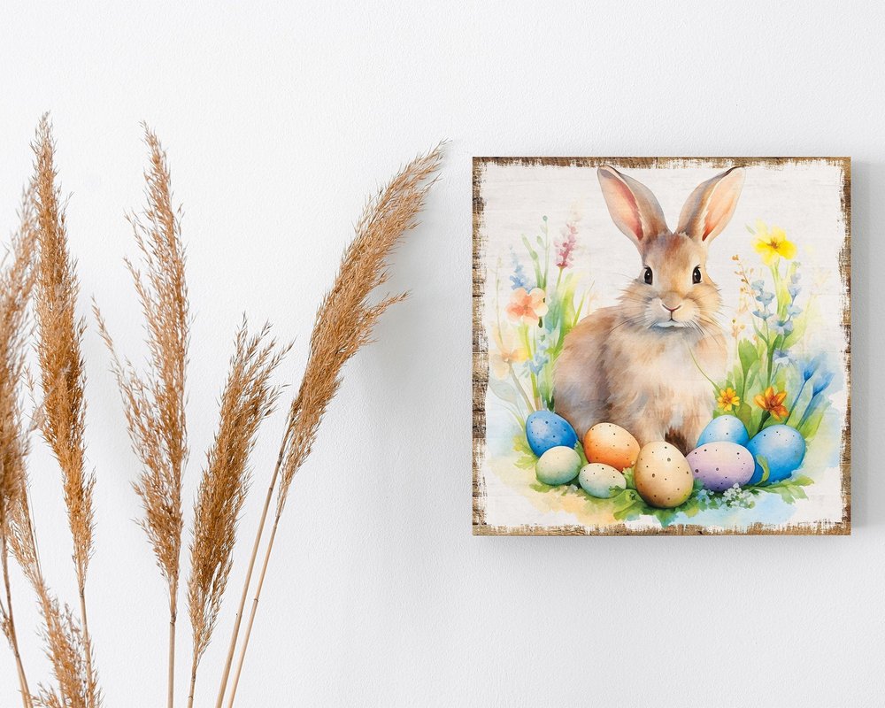 12" X 12" White Yellow And Pink Rabbit Easter Floral Canvas Square Hanging Wall Decor