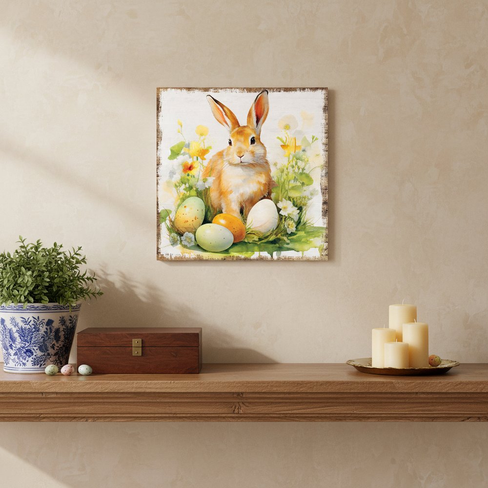 12" X 12" Easter Bunny And Daffodil Canvas Square Hanging Wall Decor