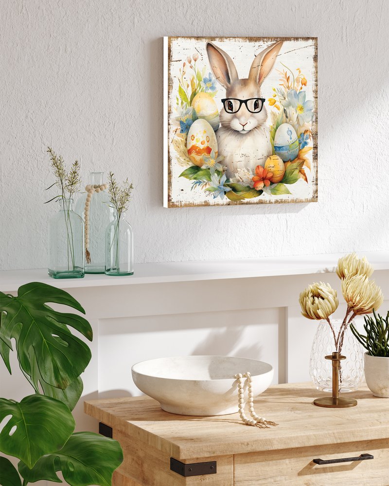12" X 12" White Yellow And Pink Rabbit Easter Floral Canvas Square Hanging Wall Decor