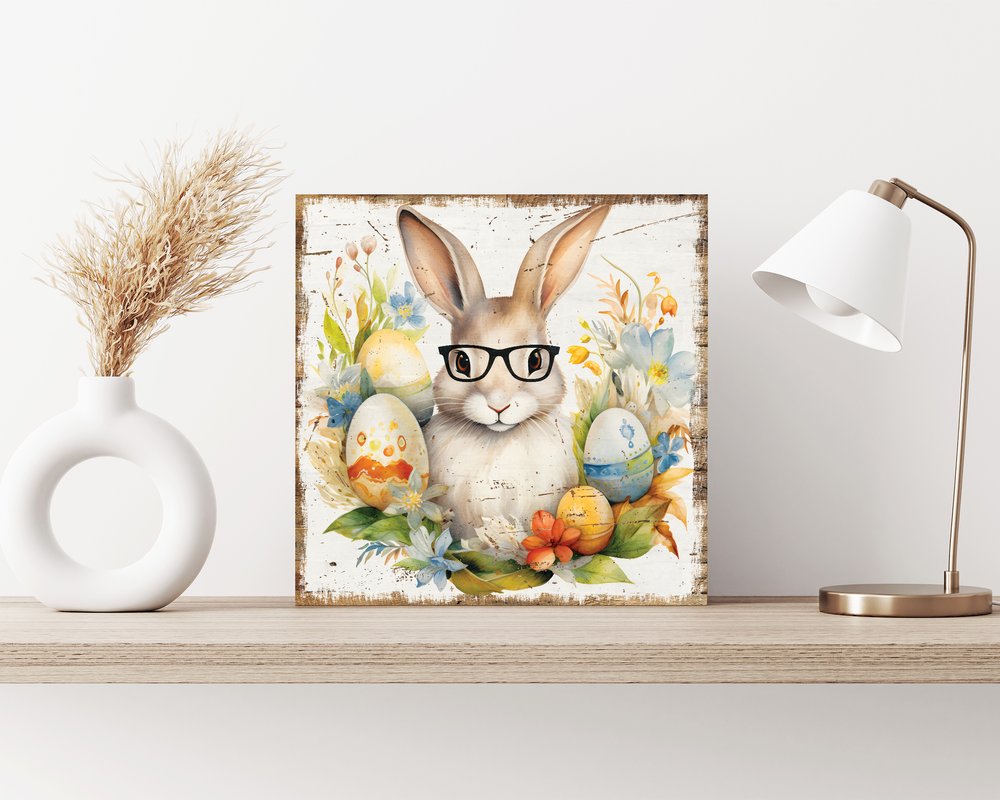 12" X 12" White Yellow And Pink Rabbit Easter Floral Canvas Square Hanging Wall Decor