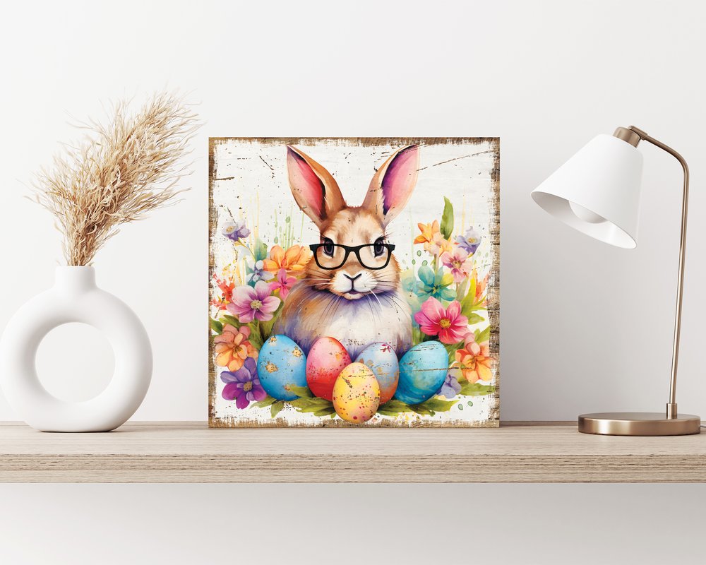 12" X 12" White Yellow And Pink Rabbit Easter Floral Canvas Square Hanging Wall Decor