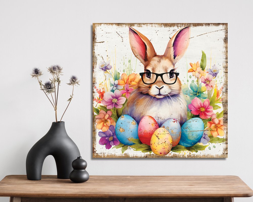 12" X 12" White Yellow And Pink Rabbit Easter Floral Canvas Square Hanging Wall Decor