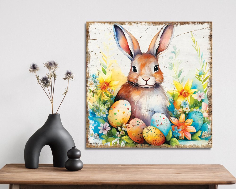 12" X 12" Easter Bunny Speckled Eggs Canvas Square Hanging Wall Decor