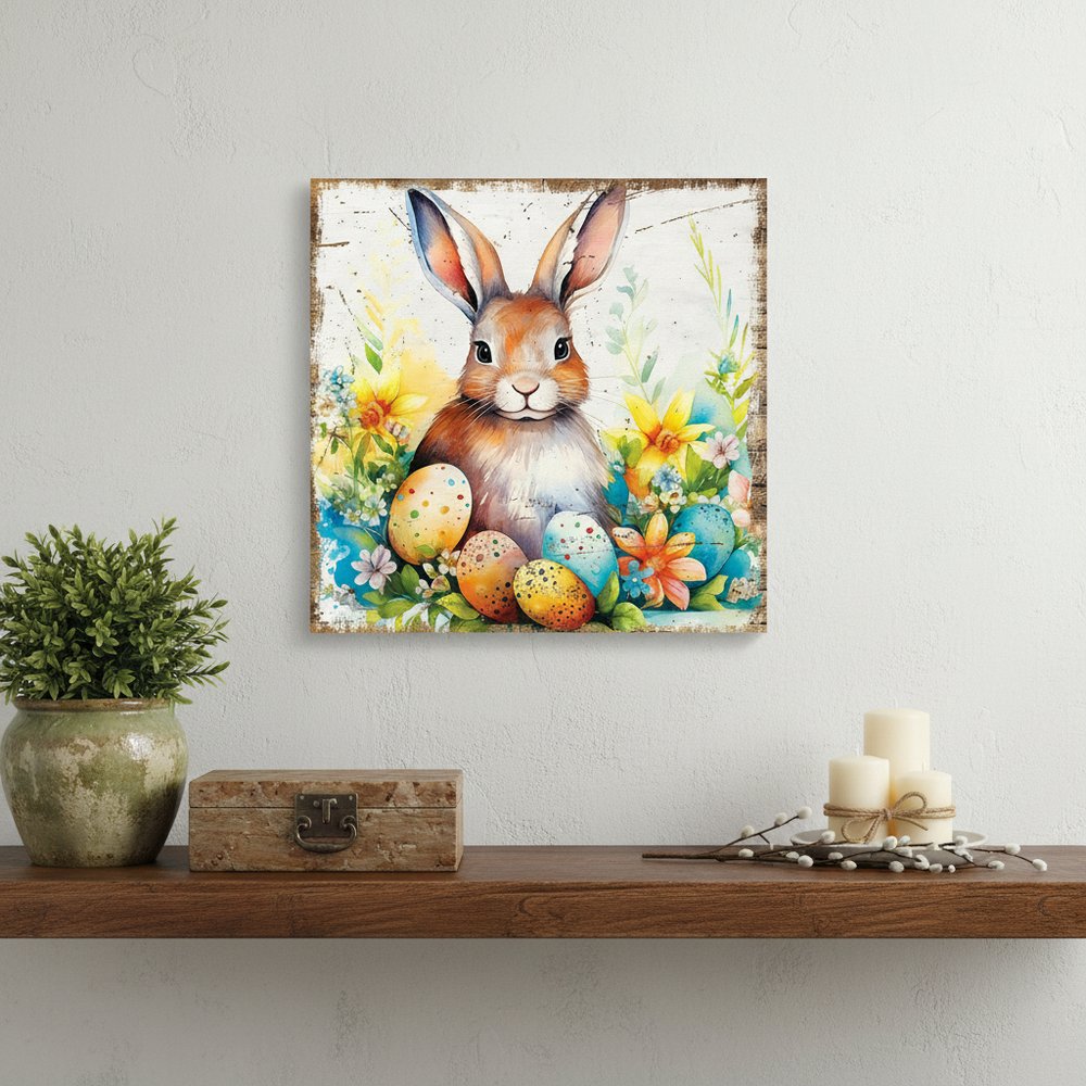 12" X 12" Easter Bunny Speckled Eggs Canvas Square Hanging Wall Decor