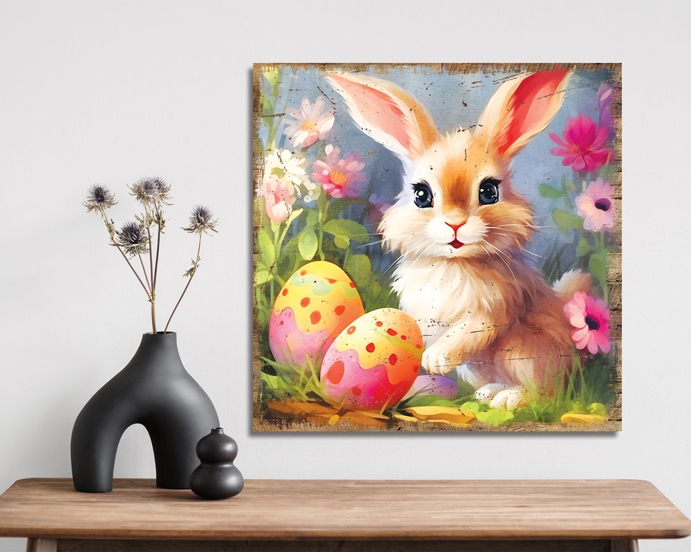 12" X 12" Baby Easter Bunny Eggs Canvas Square Hanging Wall Decor