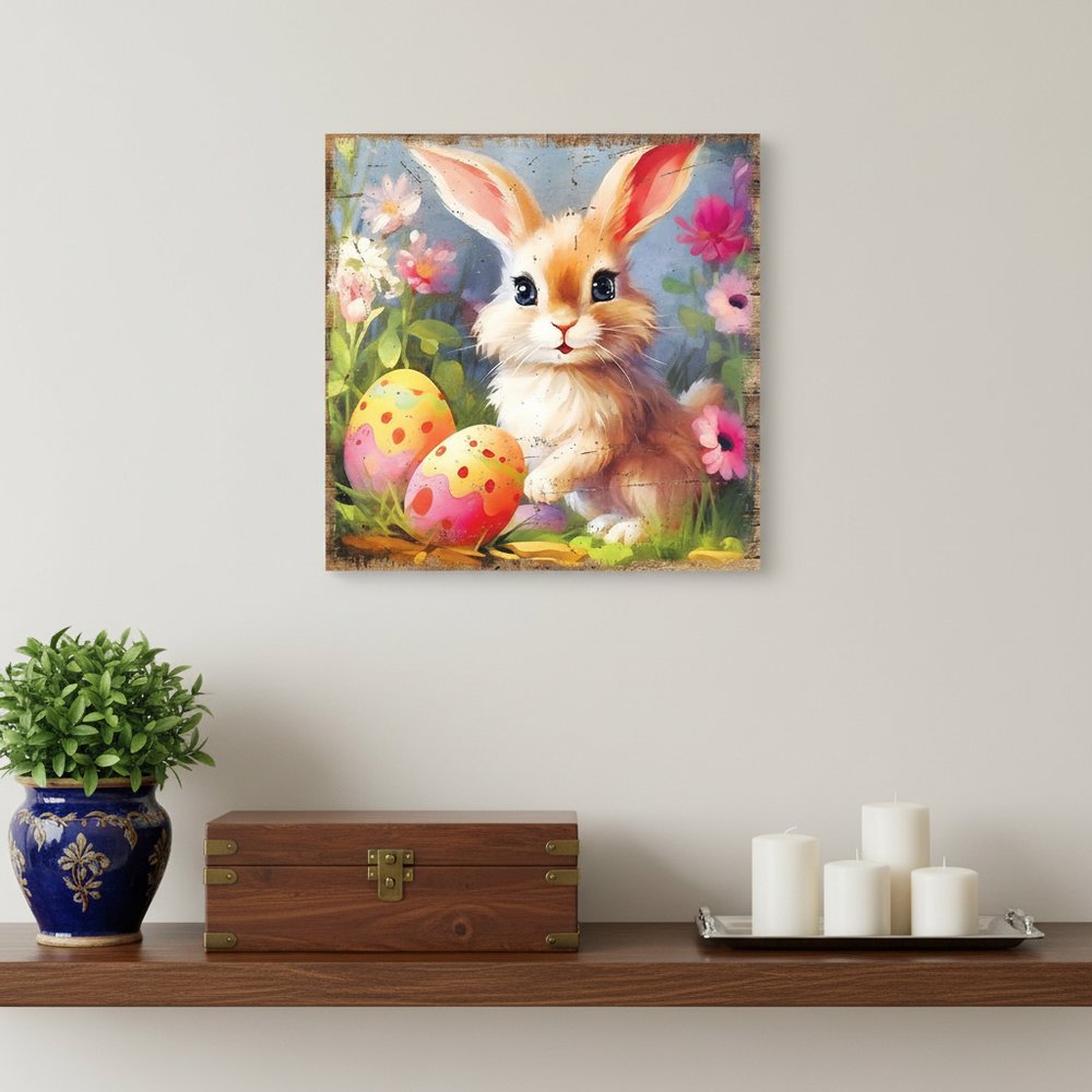 12" X 12" Baby Easter Bunny Eggs Canvas Square Hanging Wall Decor