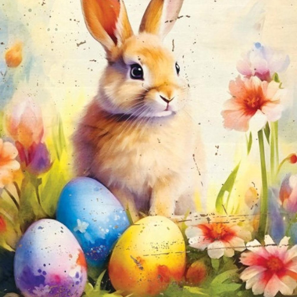 12" X 12" Easter Bunny Three Eggs Canvas Square Hanging Wall Decor