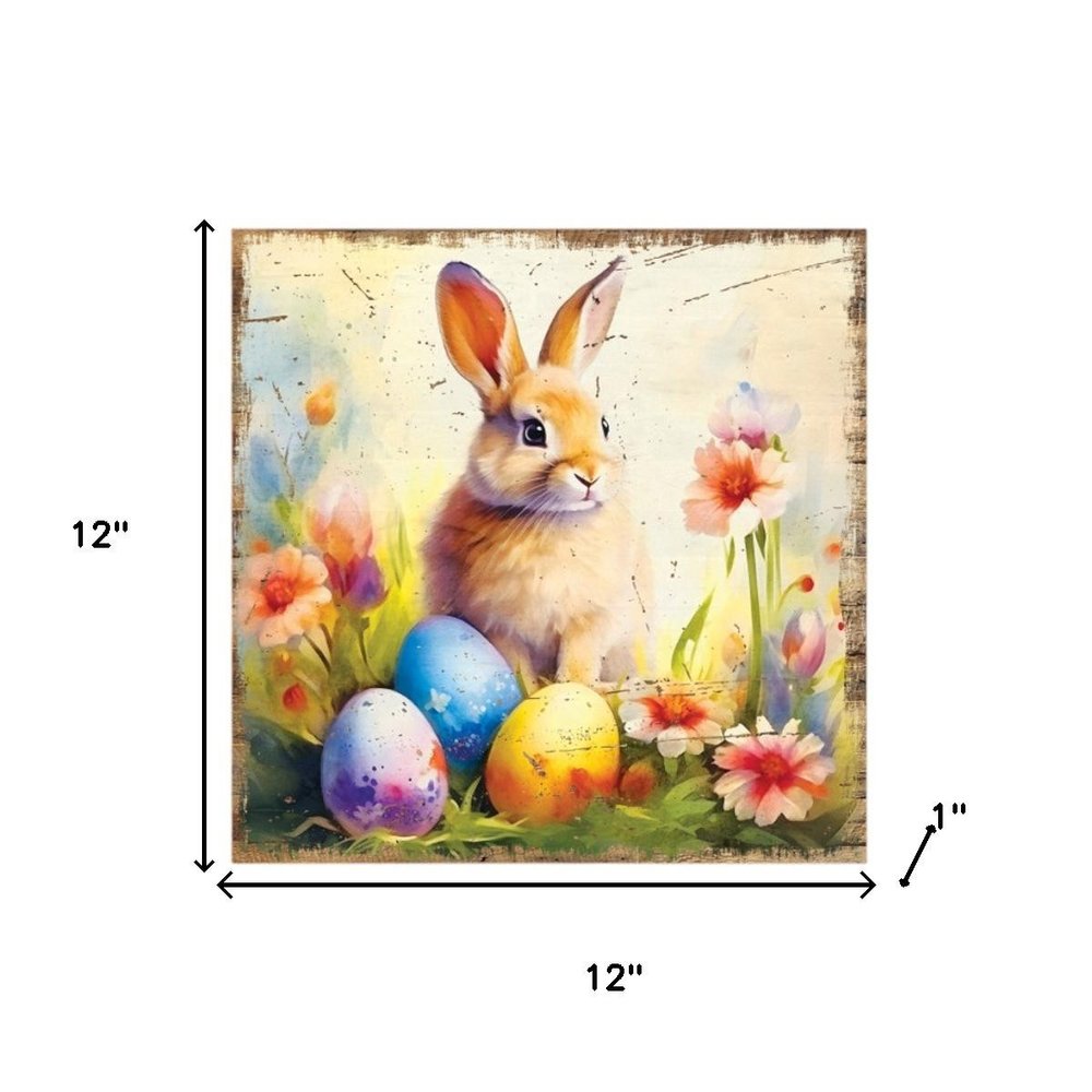 12" X 12" Easter Bunny Three Eggs Canvas Square Hanging Wall Decor