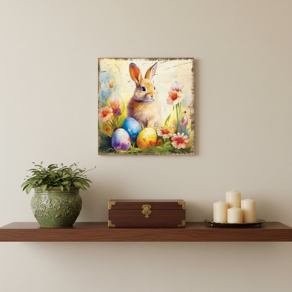 12" X 12" Easter Bunny Three Eggs Canvas Square Hanging Wall Decor