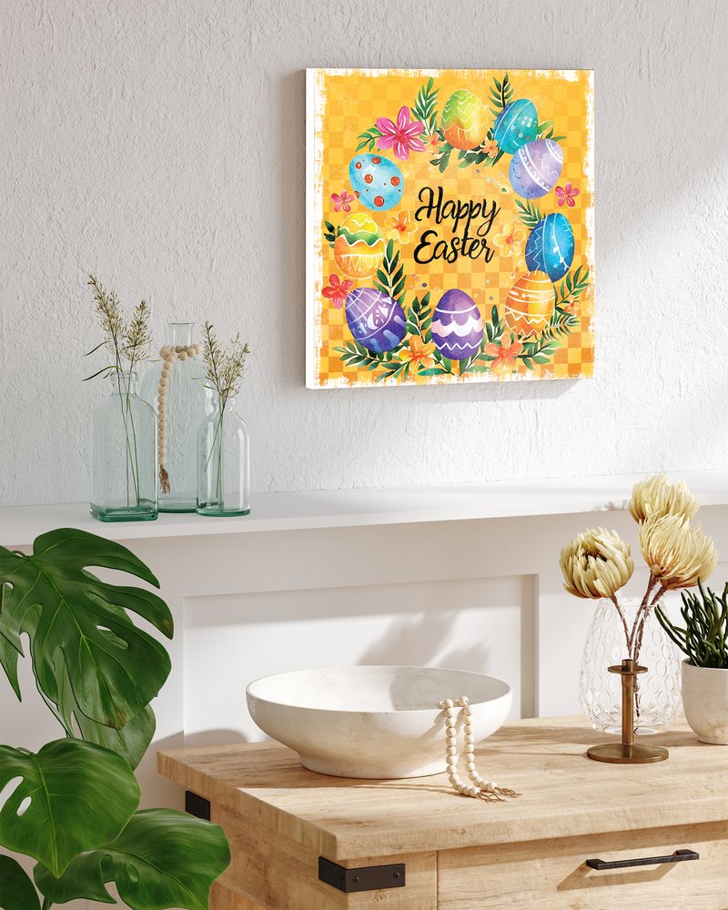 12" X 12" Yellow Blue And Green Easter Floral Happy Easter Canvas Square Hanging Wall Decor