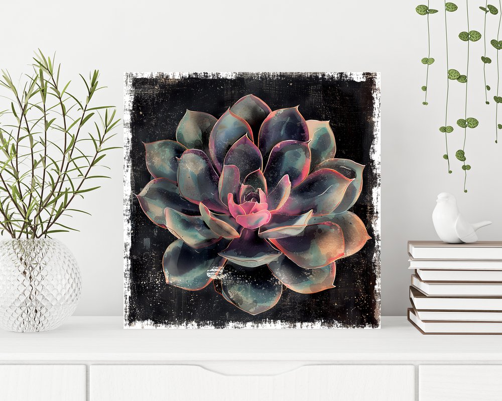 12" X 12" Black And Green Succulent Floral Canvas Square Hanging Wall Decor