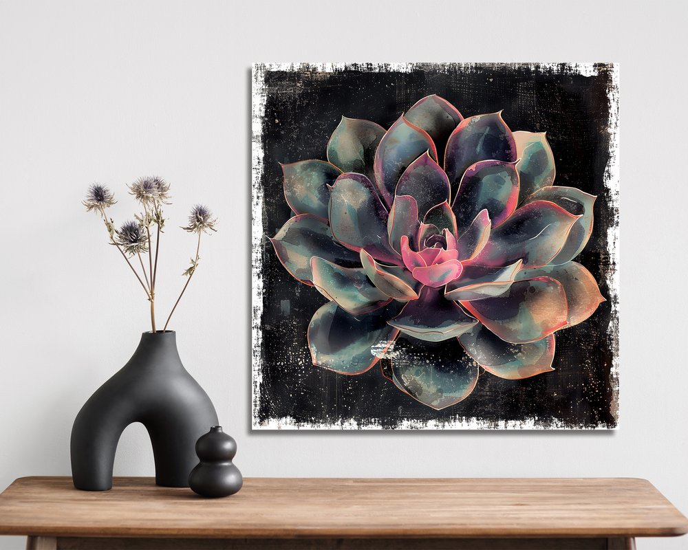 12" X 12" Black And Green Succulent Floral Canvas Square Hanging Wall Decor
