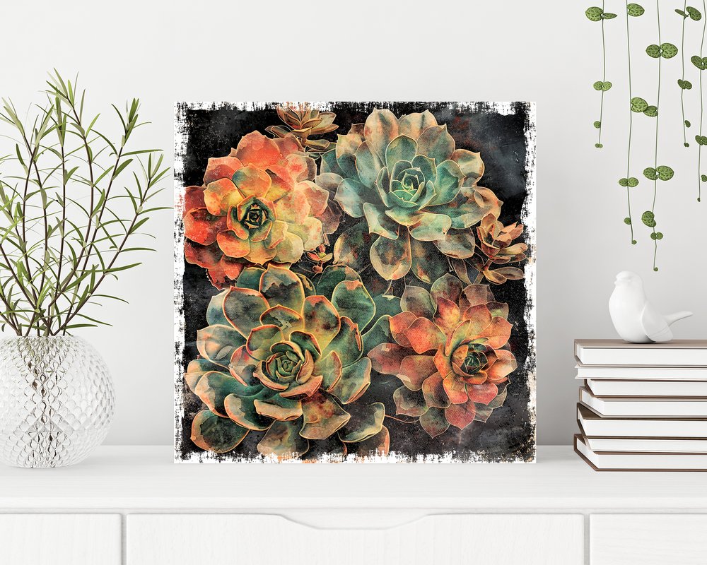 12" X 12" Black And Green Succulent Floral Canvas Square Hanging Wall Decor