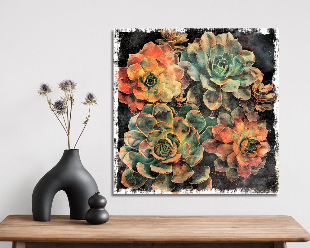 12" X 12" Black And Green Succulent Floral Canvas Square Hanging Wall Decor
