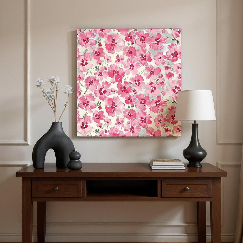 12" X 12" White And Pink Flower Floral Canvas Square Hanging Wall Decor