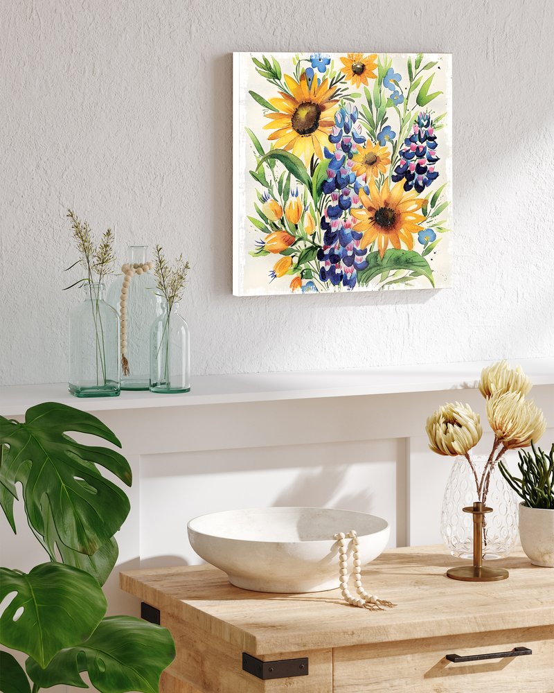12" X 12" White Yellow And Blue Flower Floral Canvas Square Hanging Wall Decor