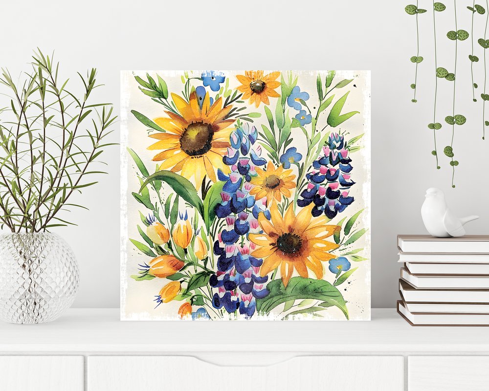 12" X 12" White Yellow And Blue Flower Floral Canvas Square Hanging Wall Decor