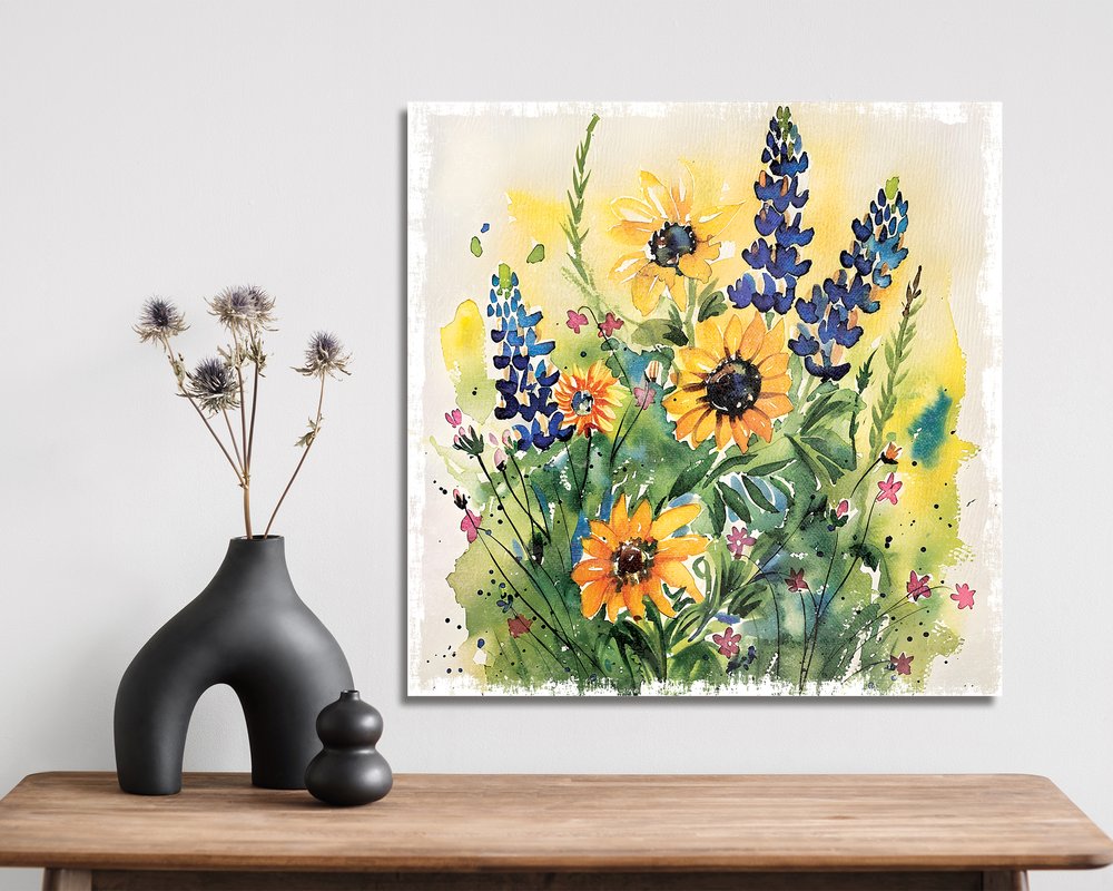 12" X 12" White Yellow And Blue Flower Floral Canvas Square Hanging Wall Decor
