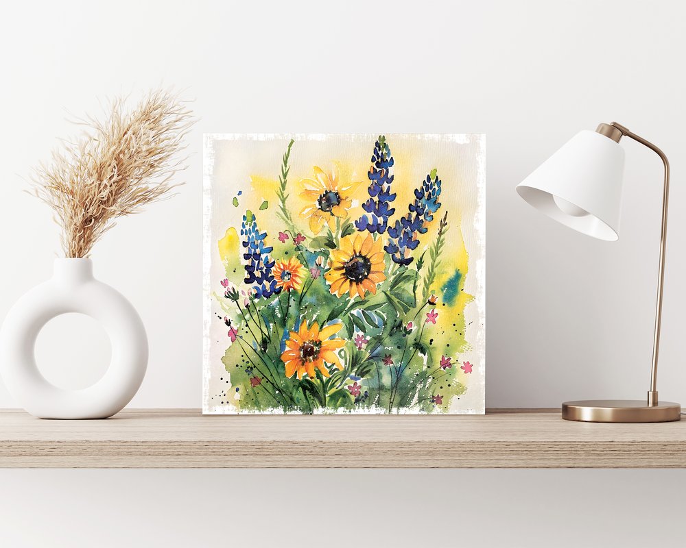 12" X 12" White Yellow And Blue Flower Floral Canvas Square Hanging Wall Decor