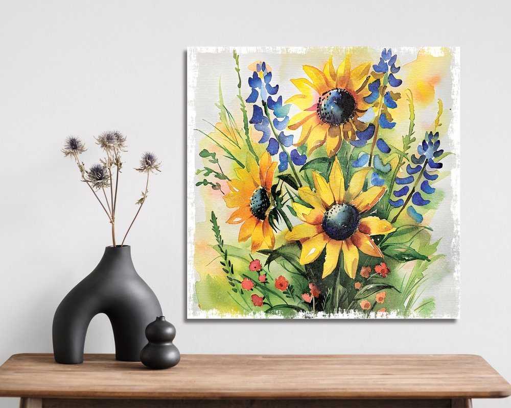 12" X 12" White Yellow And Blue Flower Floral Canvas Square Hanging Wall Decor