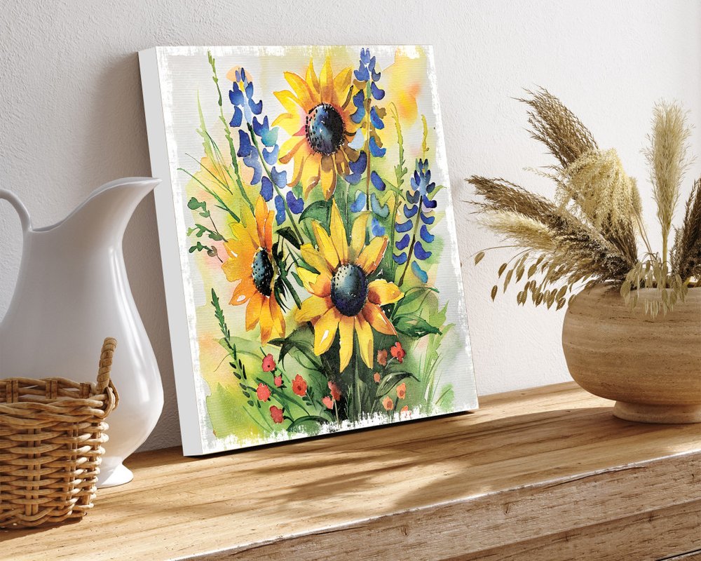 12" X 12" White Yellow And Blue Flower Floral Canvas Square Hanging Wall Decor