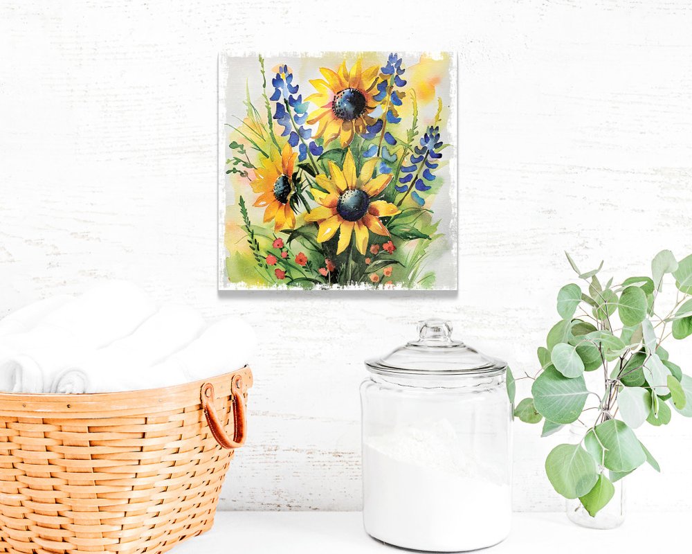 12" X 12" White Yellow And Blue Flower Floral Canvas Square Hanging Wall Decor