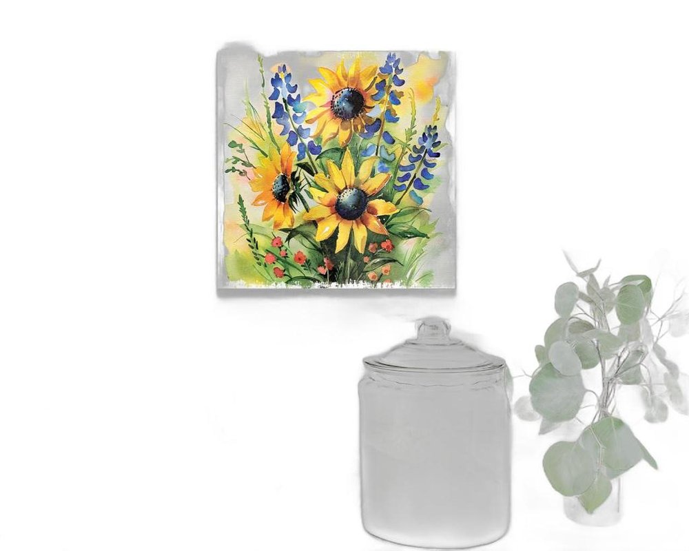12" X 12" White Yellow And Blue Flower Floral Canvas Square Hanging Wall Decor