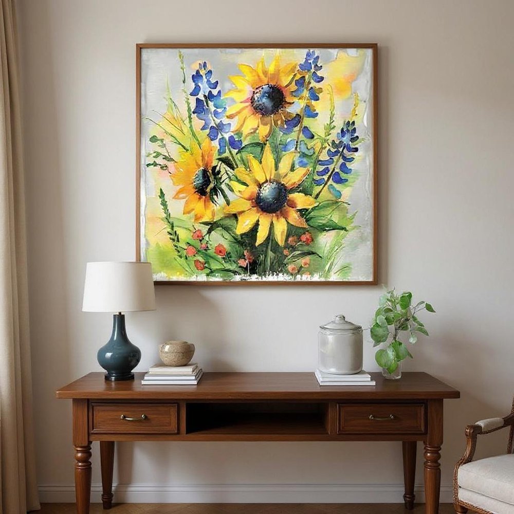 12" X 12" White Yellow And Blue Flower Floral Canvas Square Hanging Wall Decor