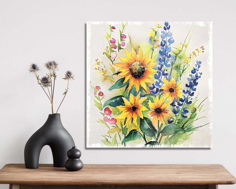 12" X 12" White Yellow And Blue Flower Floral Canvas Square Hanging Wall Decor