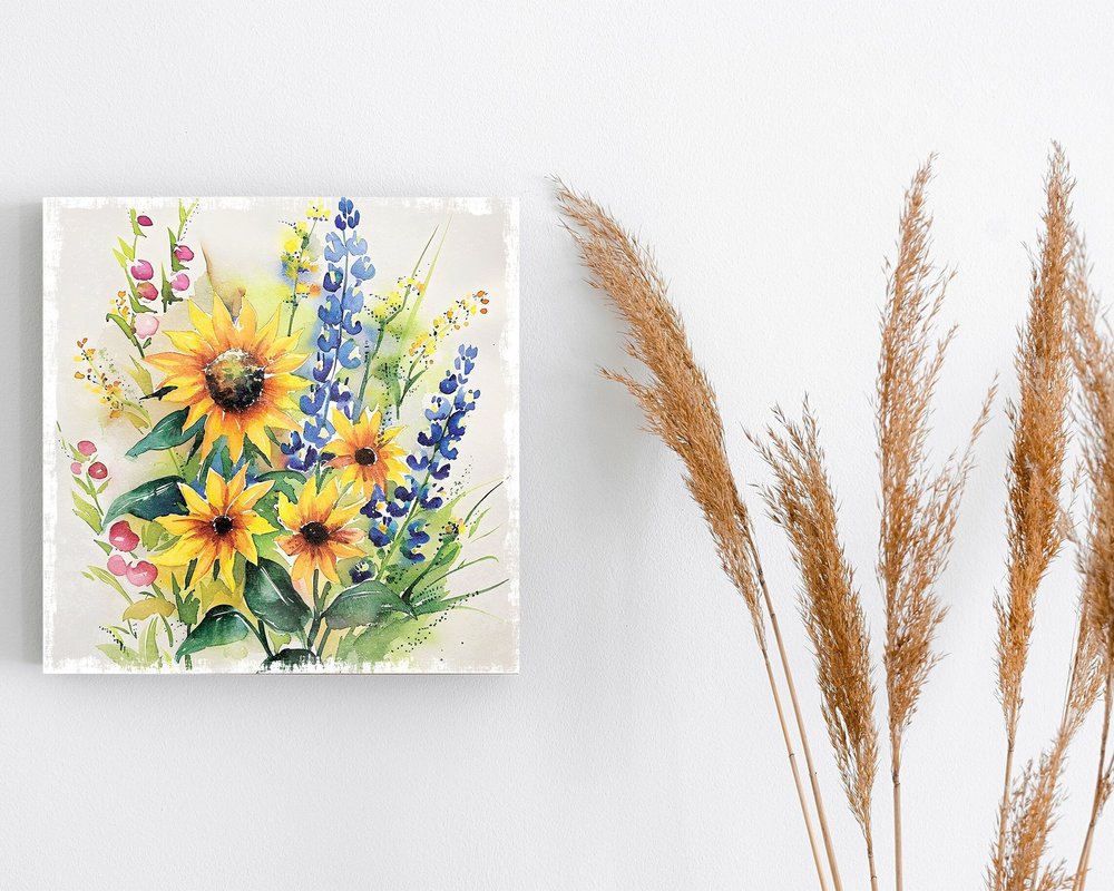 12" X 12" White Yellow And Blue Flower Floral Canvas Square Hanging Wall Decor