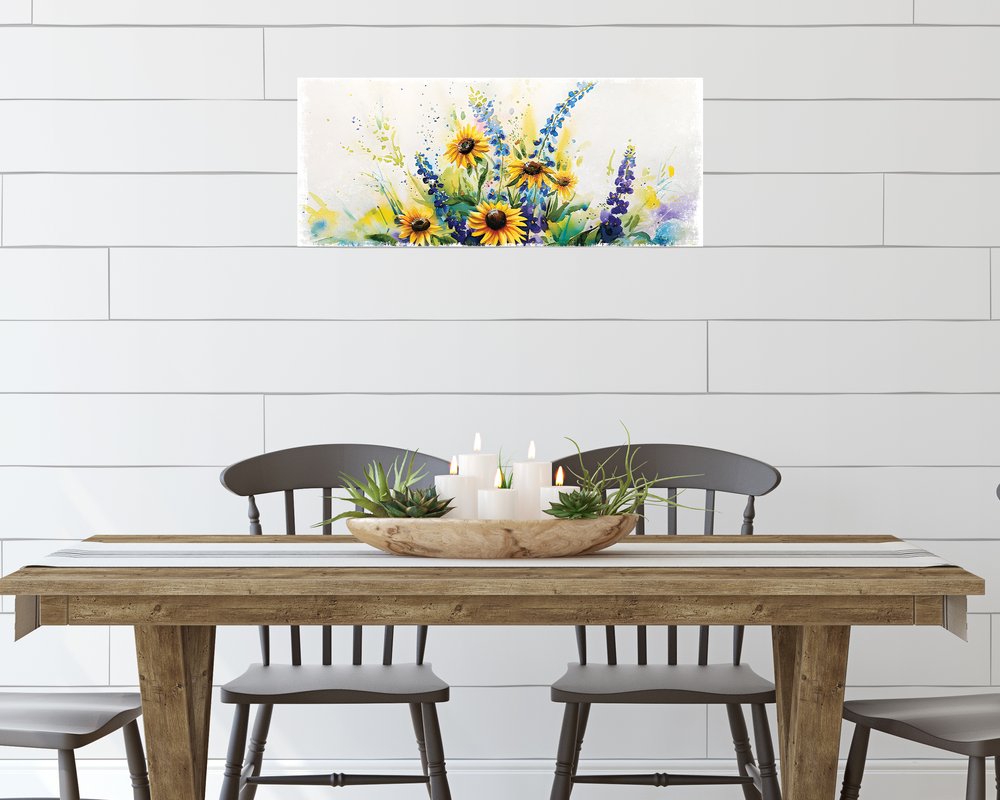 11" X 36" White Yellow And Blue Flower Floral Wood Hanging Wall Decor