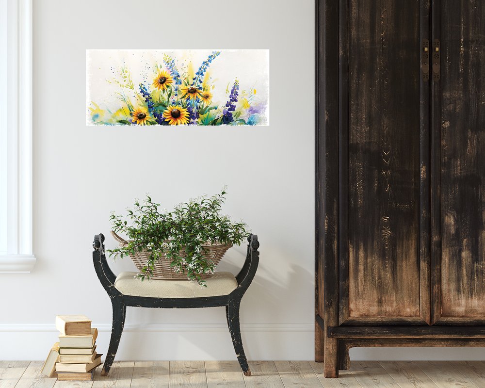11" X 36" White Yellow And Blue Flower Floral Wood Hanging Wall Decor