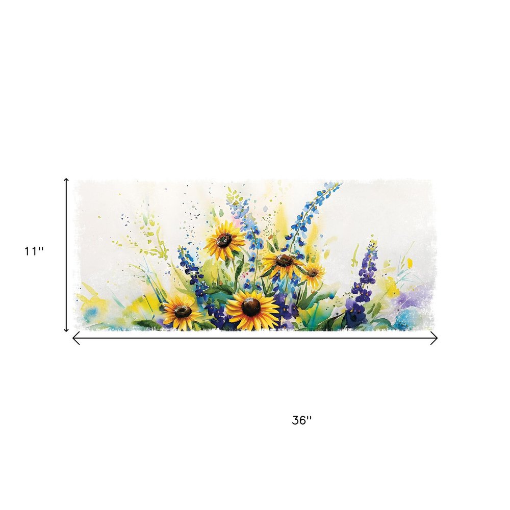 11" X 36" White Yellow And Blue Flower Floral Wood Hanging Wall Decor