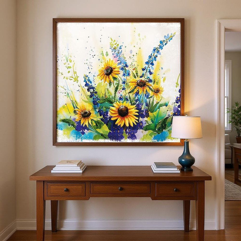 11" X 36" White Yellow And Blue Flower Floral Wood Hanging Wall Decor