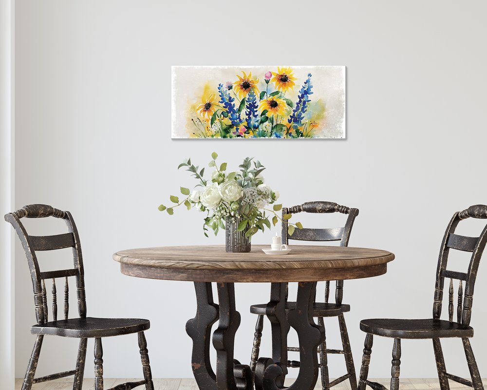 11" X 36" White Yellow And Blue Flower Floral Wood Hanging Wall Decor