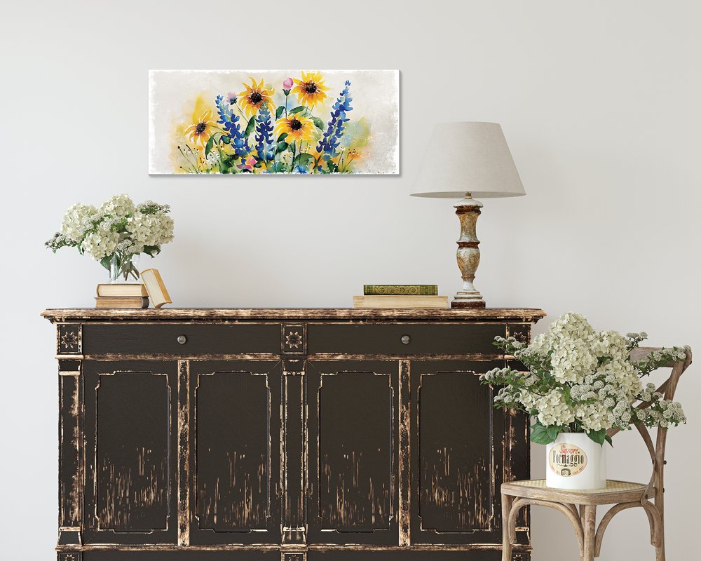 11" X 36" White Yellow And Blue Flower Floral Wood Hanging Wall Decor