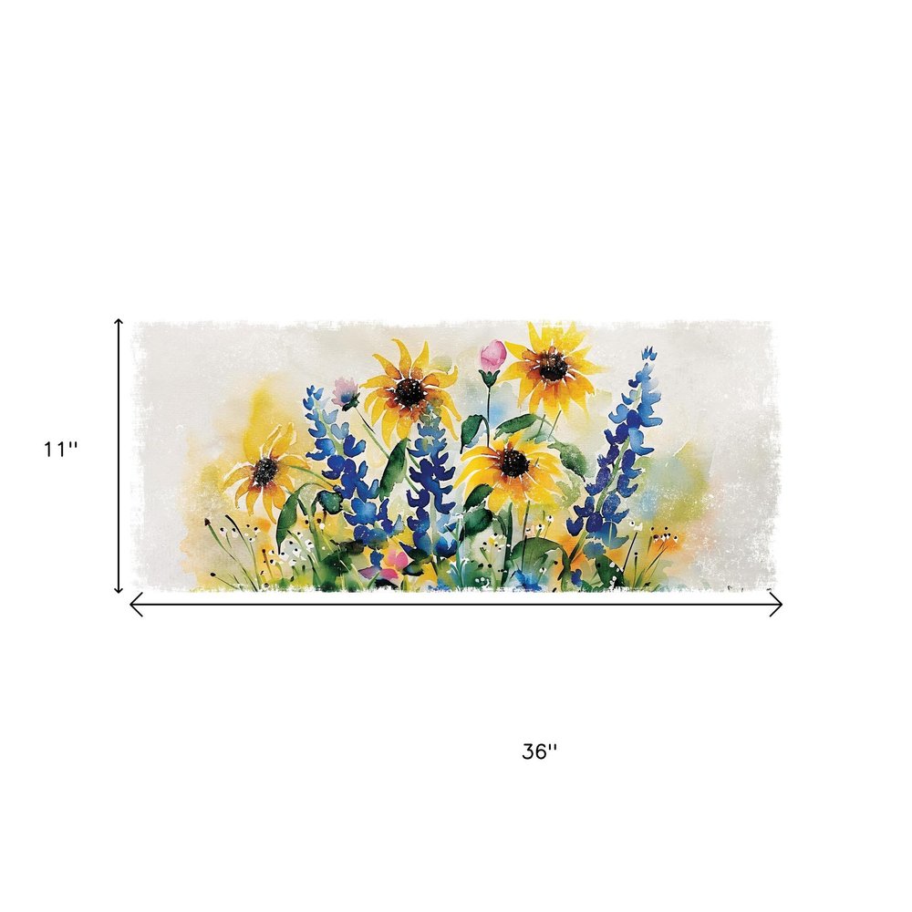 11" X 36" White Yellow And Blue Flower Floral Wood Hanging Wall Decor