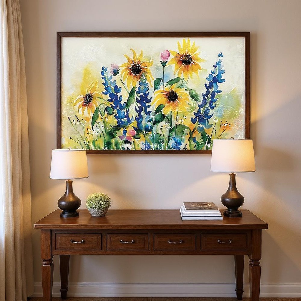 11" X 36" White Yellow And Blue Flower Floral Wood Hanging Wall Decor