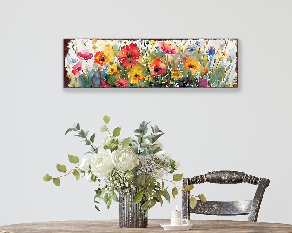 10" X 32" White Green And Red Flower Floral Wood Hanging Wall Decor