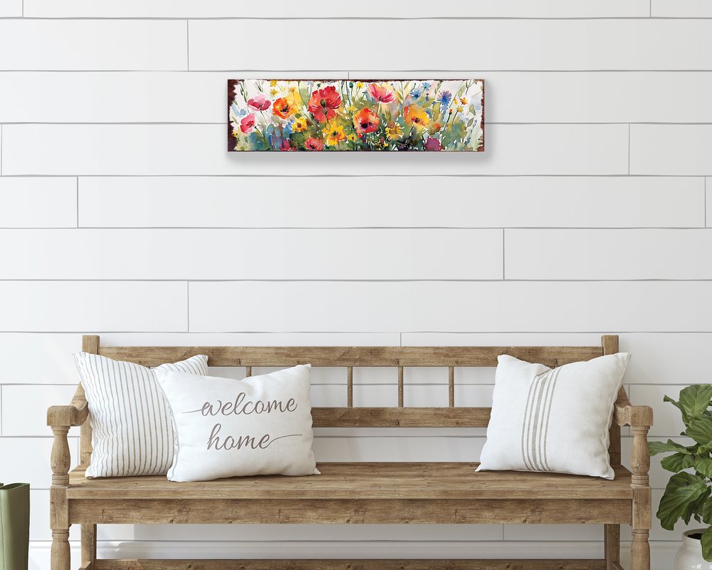 10" X 32" White Green And Red Flower Floral Wood Hanging Wall Decor