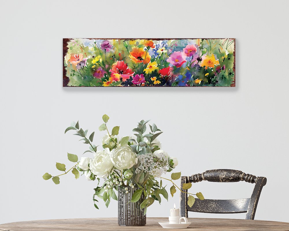 10" X 32" White Green And Red Flower Floral Wood Hanging Wall Decor