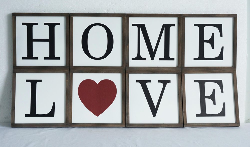 10" X 10" White Red And Black Home/ Love Wood Wall Decor