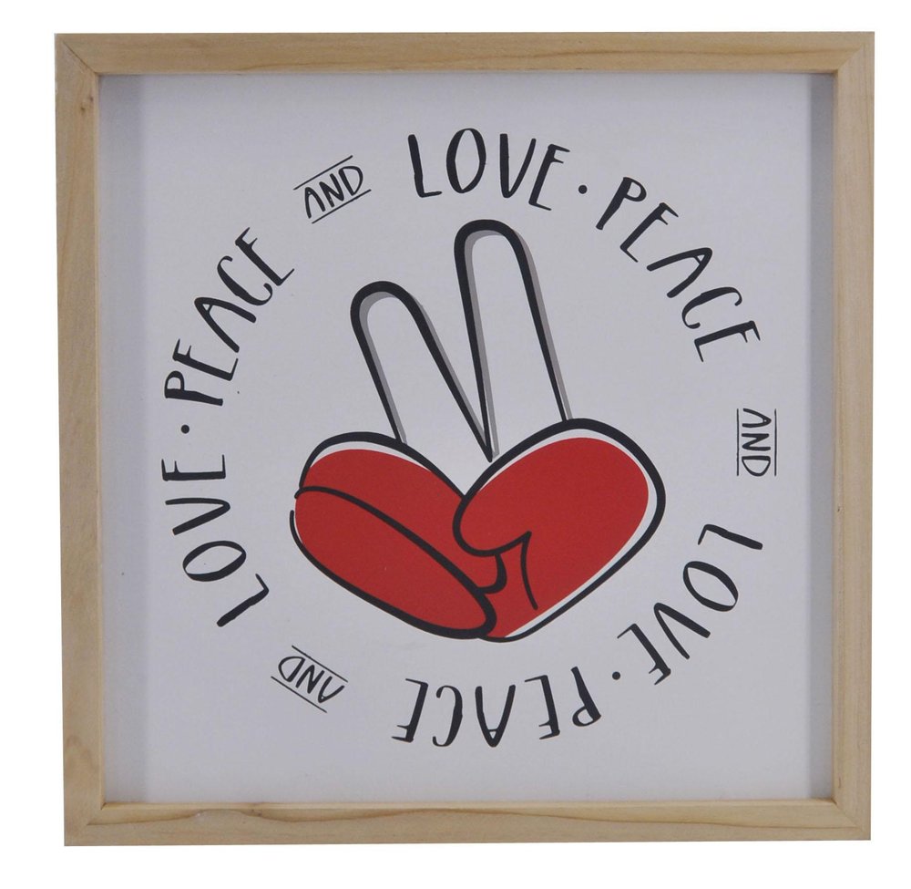 12" X 12" White Red And Black Love Peace Wood Square Wall Decor